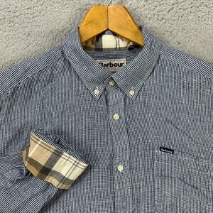 Barbour Mens Linen Shirt Medium Blue Houndstooth Plaid Flip Cuff Tailored Fit